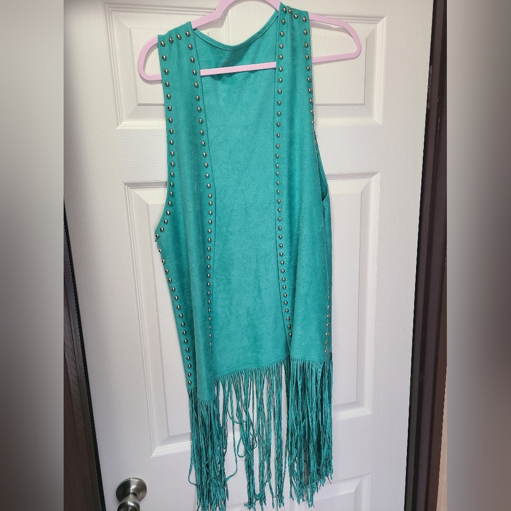 Crazy Train Turquoise Sleeveless Top with Fringe and Studs
